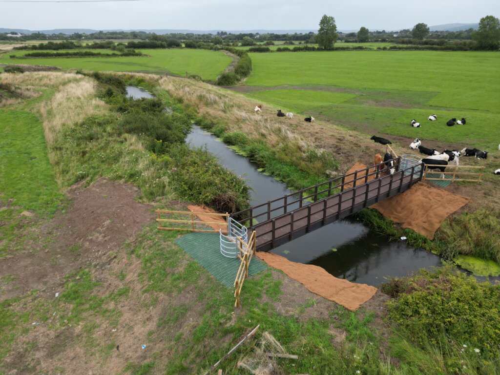 Aerial view of a new footbridge delivered by EJ McGrath for North Somerset Council