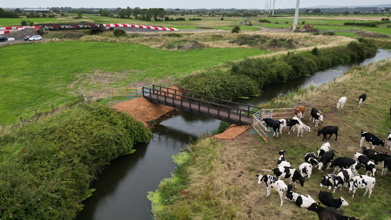 Aerial view of a new footbridge delivered by EJ McGrath for North Somerset Council