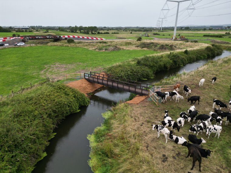 Aerial view of a new footbridge delivered by EJ McGrath for North Somerset Council