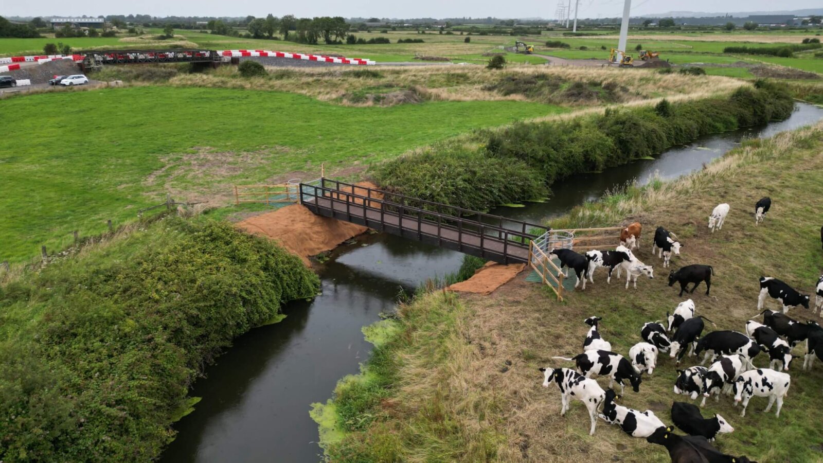 Aerial view of a new footbridge delivered by EJ McGrath for North Somerset Council