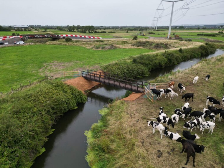 Aerial view of a new footbridge delivered by EJ McGrath for North Somerset Council